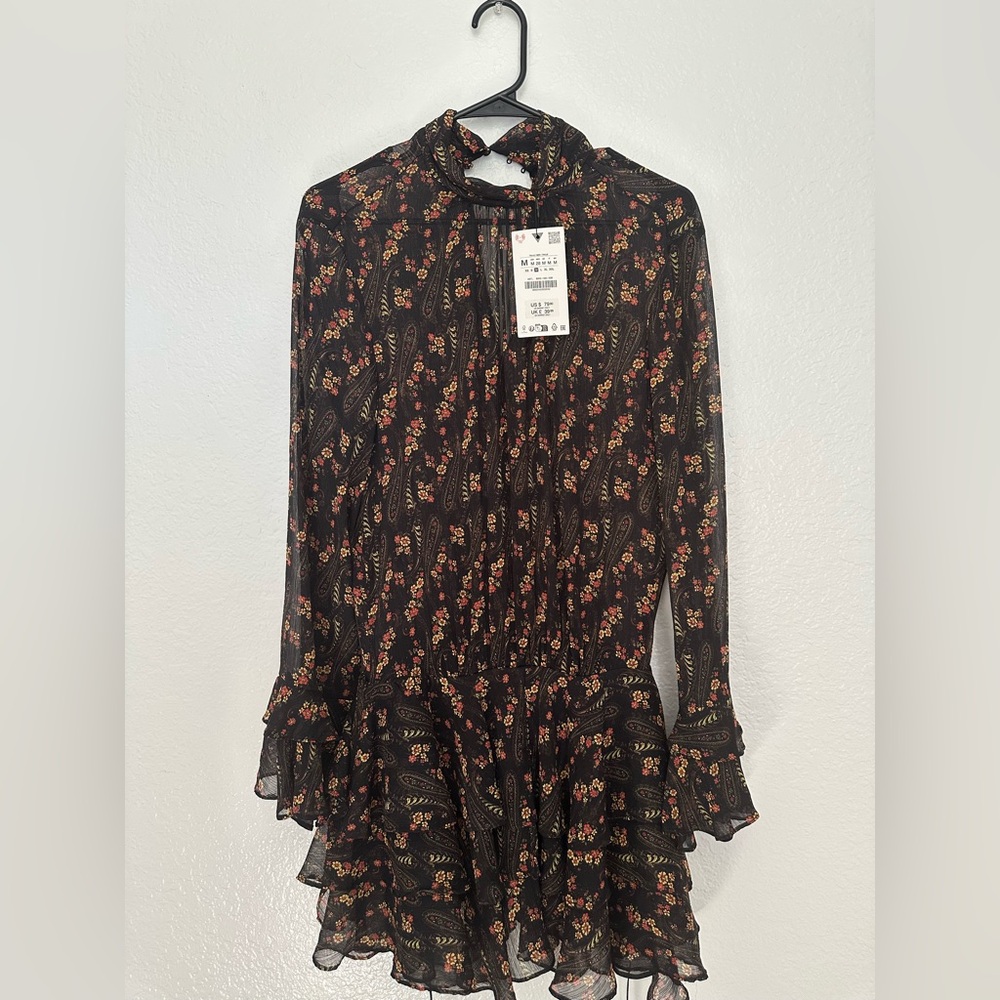 Zara Black Dress with Red Floral Pattern